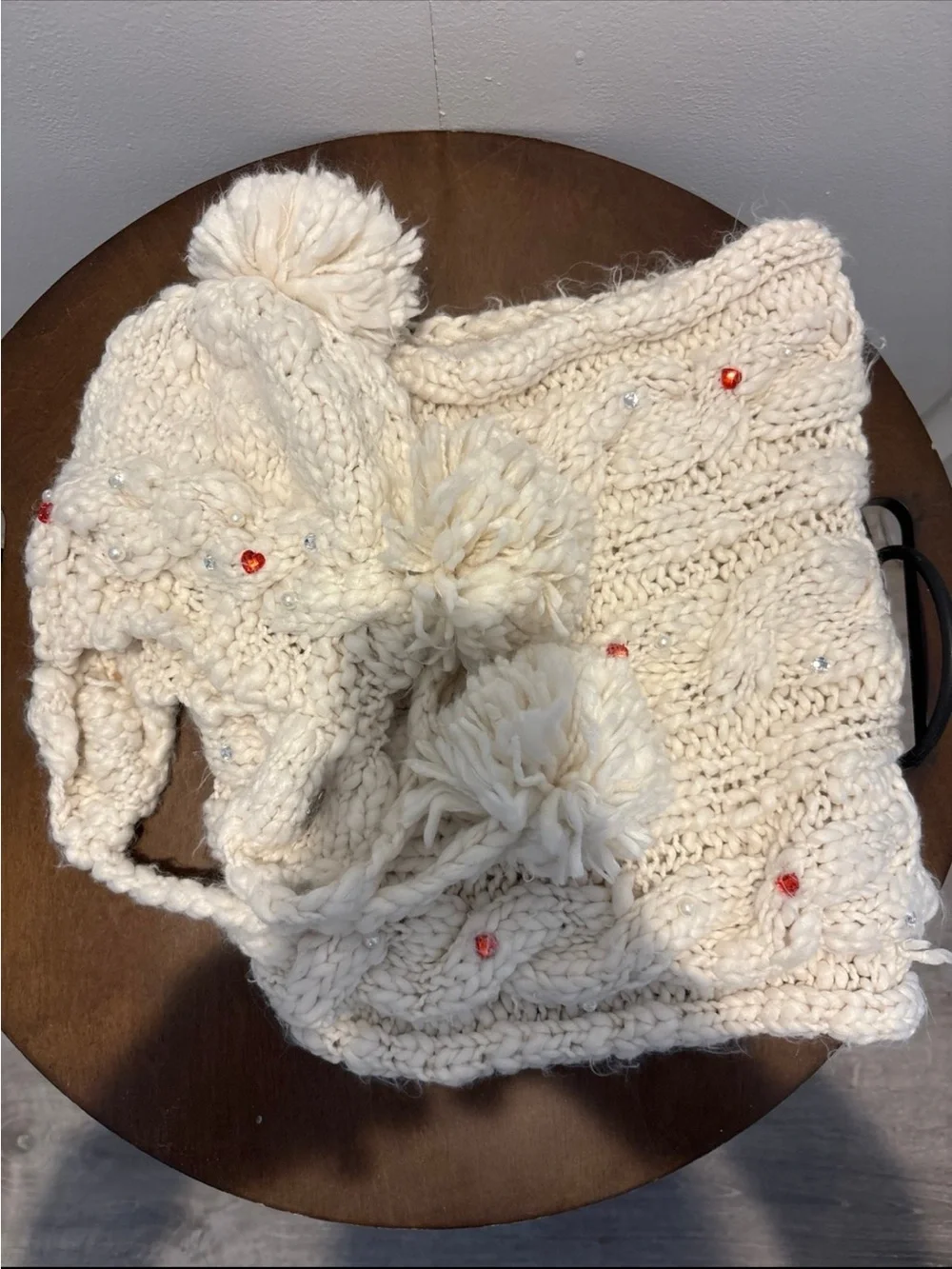Betsey Johnson Cream Cable Knit Pom-Pom Hat and Scarf Set with Red Bead Accents